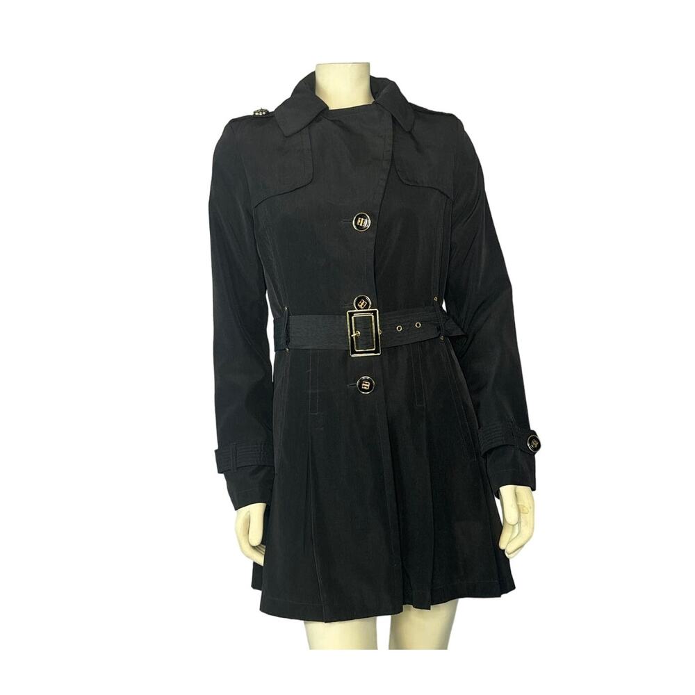 Kenneth Cole black trench coat with gold buttons and belt size medium